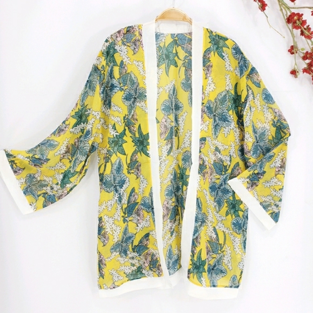 NEW Sheer Tropical Floral Yellow Kimono CoverUp